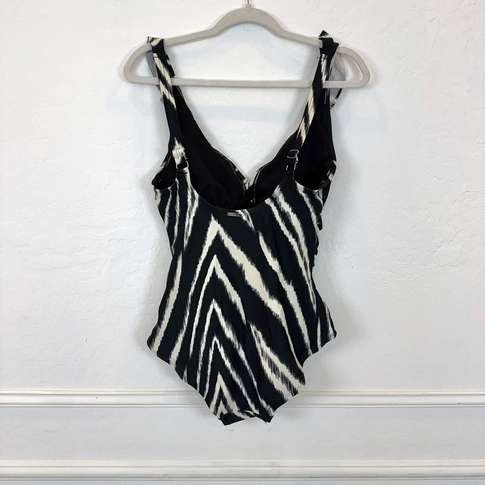 DKNY One Piece Swimsuit Black White Zebra Print Ruffle V Neck Women's Size Small - Picture 2 of 8